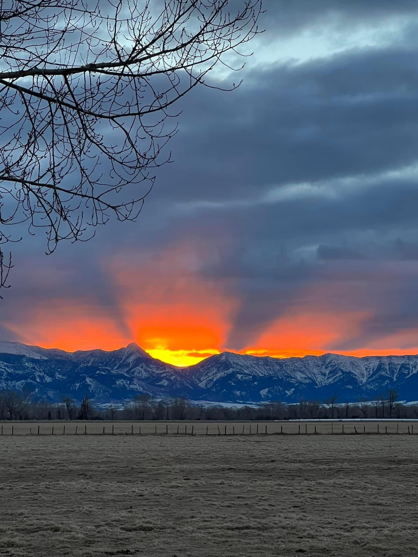 Sunrise over the snow-capped Bridger Mountains in the Gallatin Valley, Montana